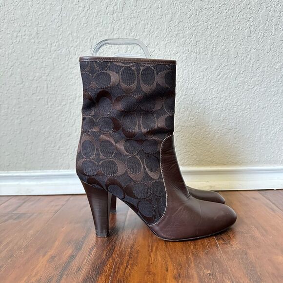COACH Melinda Boots Brown Fabric Leather Heeled Signature Logo - Picture 1 of 11